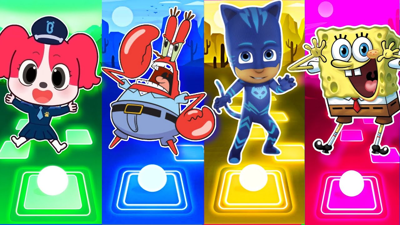 Sherriff Papillon vs Mr krab vs Catboy vs SpongeBob tiles hop edm rush