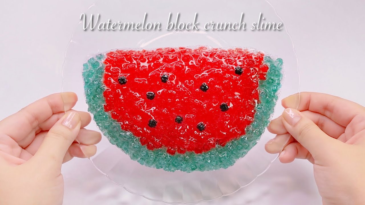 【ASMR】🍉スイカのマイクロブロックスライム🔪【音フェチ】Watermelon block crunch slime 수박 블록 슬라임