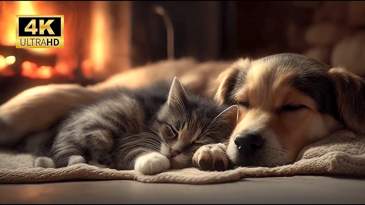 Cozy Fireplace with Sleeping Dog & Cat 🔥 Crackling Fire • Relaxing Sounds (10 Hours)