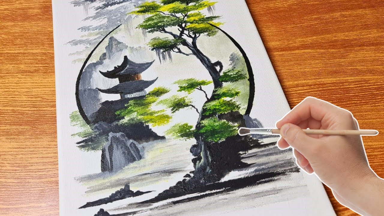 How to Draw a Beautiful Japanese Landscape Painting I Acrylic Painting for Beginners