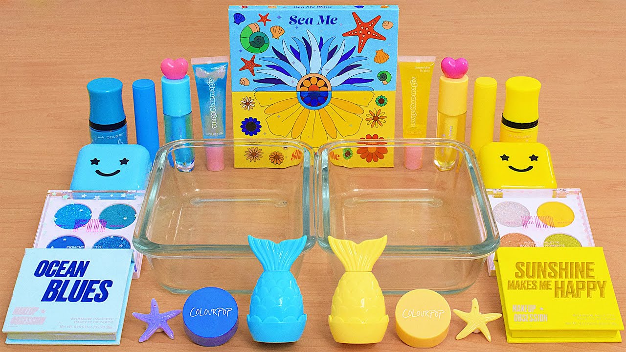 Blue vs Yellow - Mixing Makeup Eyeshadow Into Slime ASMR