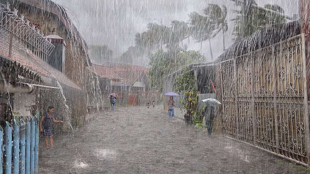 Super heavy rain strong winds, thunderstorms and floods don't stop in my village - heavy rain walk