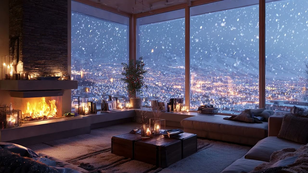 Snowy Winter Evening Mood | Fireplace Warmth for Relaxation