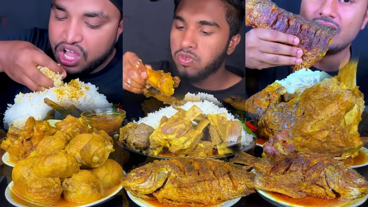 ASMR;Eating Spicy Mutton Kosha Fish Curry Mutton Chusta Rice Chilli Eating ASMR