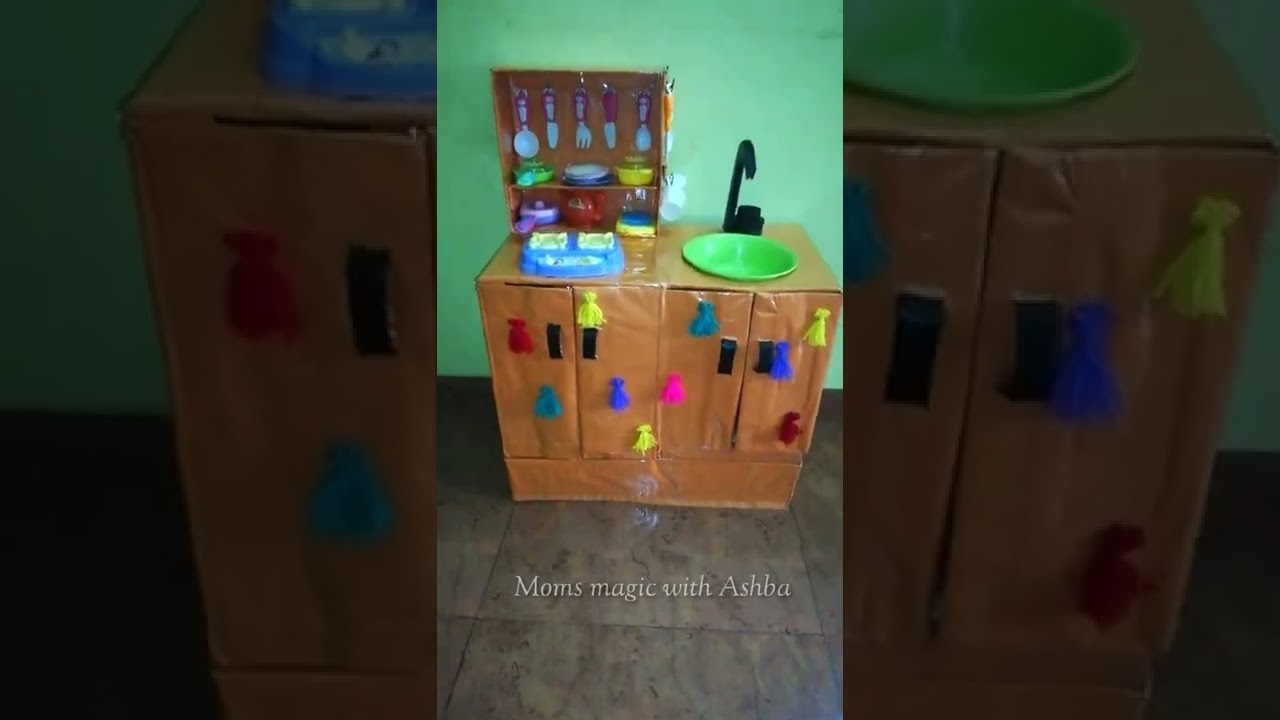 Smart kitchen setup for kids using cardboard | How to make a kitchen setup for kids