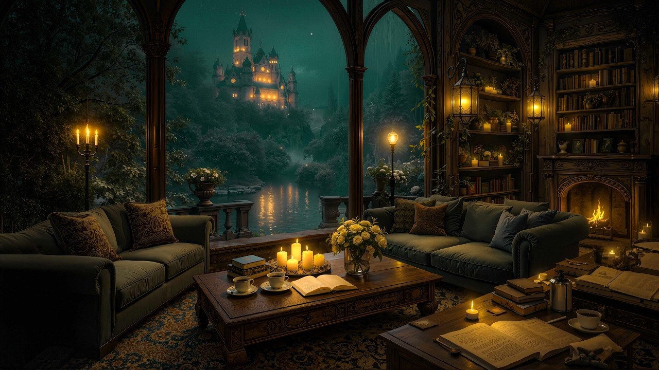 Rainy Night Reading with Castle View | Cozy Fireplace Study Ambience | Dark Academia for Deep Focus