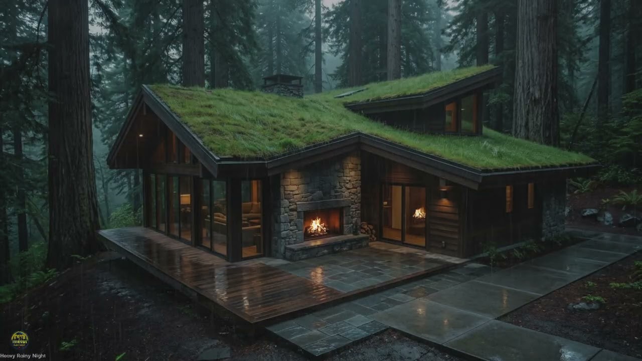Quiet Rainy Night, Fireplace and Soft Thunder for Mental Calm in a Mountain Retreat Forest Cabin