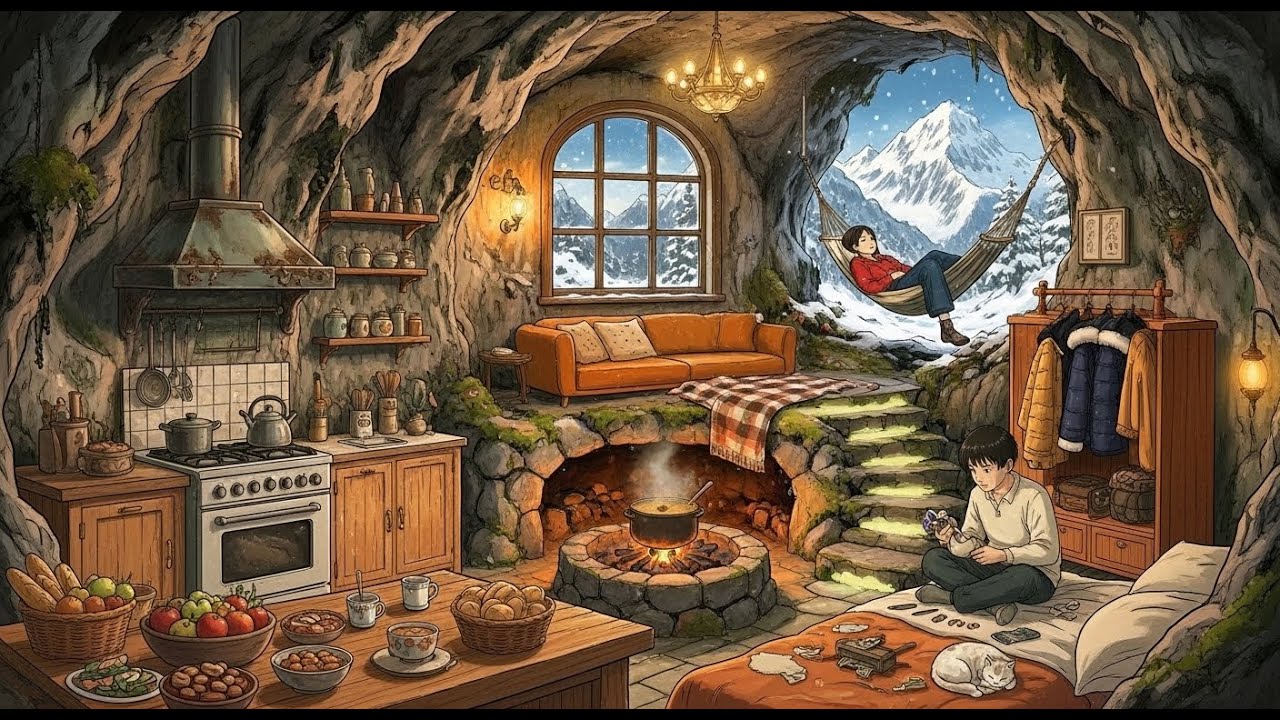 Snowy Mountain Cave Day | Cozy Cooking ASMR (No Talking) | Ghibli-Inspired Silent Vlog