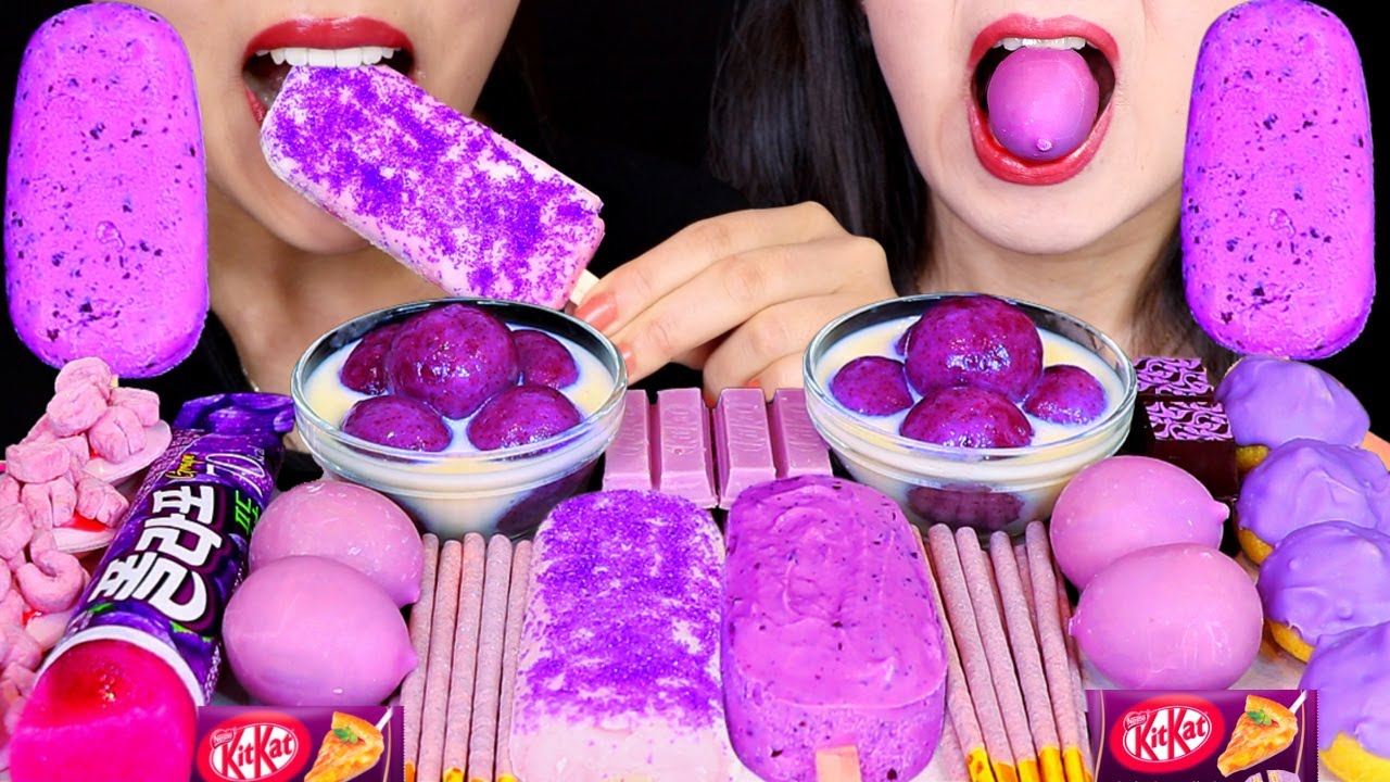 ASMR PURPLE TANGYUAN MOCHI BALLS, BOBA ICE CREAM BAR, GRAPE ICE POP, KITKAT, CREAM PUFF, POCKY 먹방
