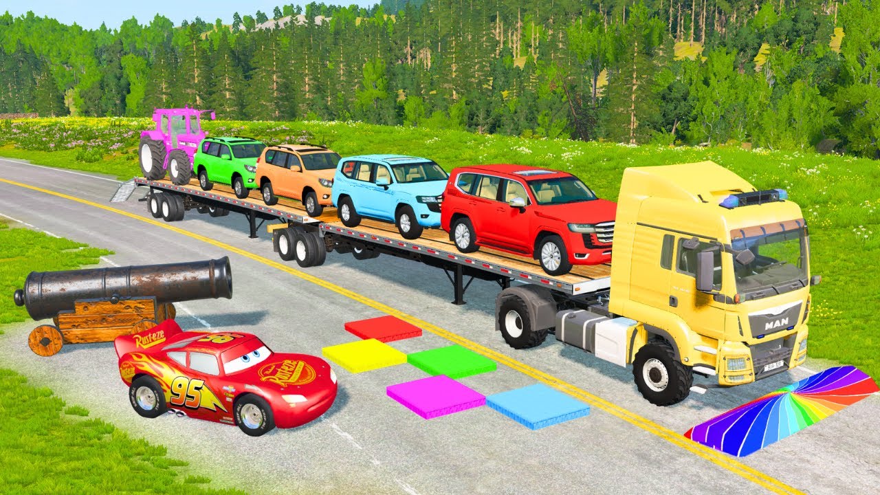 Flatbed Truck Mcqueen | Transportation with Truck - Pothole vs Car #150 - BeamNG.Drive