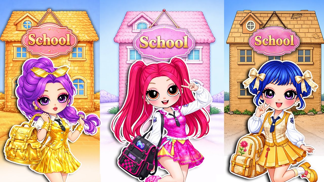 Rumi, Zoey & Mira Glow Up in Cardboard, Golden & Fluffy Fashion in SCHOOL | DIY Paper Fashion Dolls