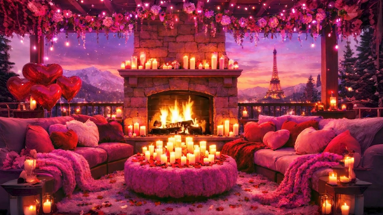 Romantic Pink Fireplace 🔥 Valentine’s Day Cozy Ambience | Paris Sunset & Candlelight Live