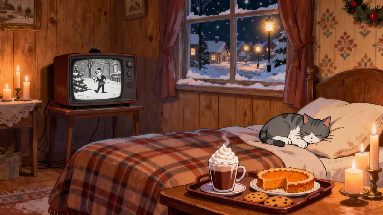 Cozy Christmas Bedroom – Vintage Oldies Playing in Another Room | Gentle Snowfall Winter Ambience