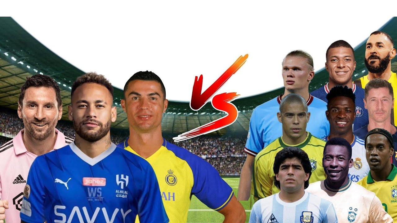 Messi Neymar Ronaldo 🆚 9 Legends (Pele Maradona Ronaldinho Haaland R9 Benzema Vinicius Jr)🔥