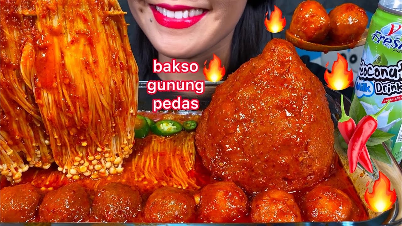 MAKAN BAKSO GUNUNG PEDAS *SPICY MOUNTAIN MEATBALL, ENOKI MUSHROOMS ASMR MASSIVE Eating Sounds