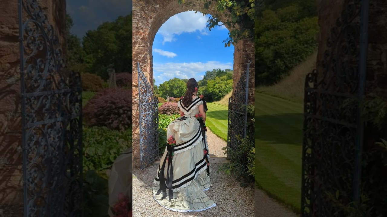 Victorian bustle dress, strolling in an English country garden.🌹🌸🌿🪻#victorian #bustledress #1870s