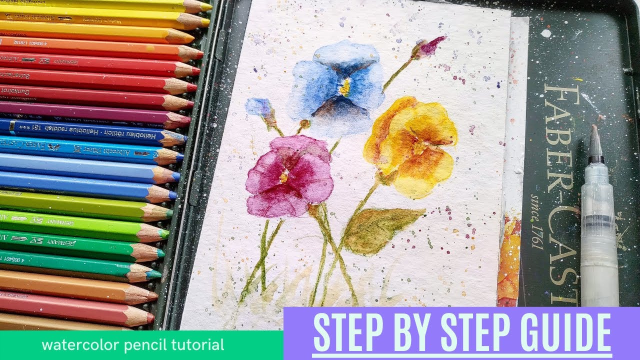 Watercolor pencil flowers step by step