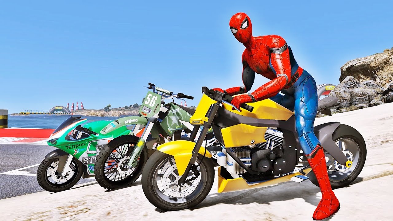Desafio de MOTOS com HOMEM ARANHA e SUPER HERÓIS na rampa! Desafio de Super Motos Épico - IR GAMES