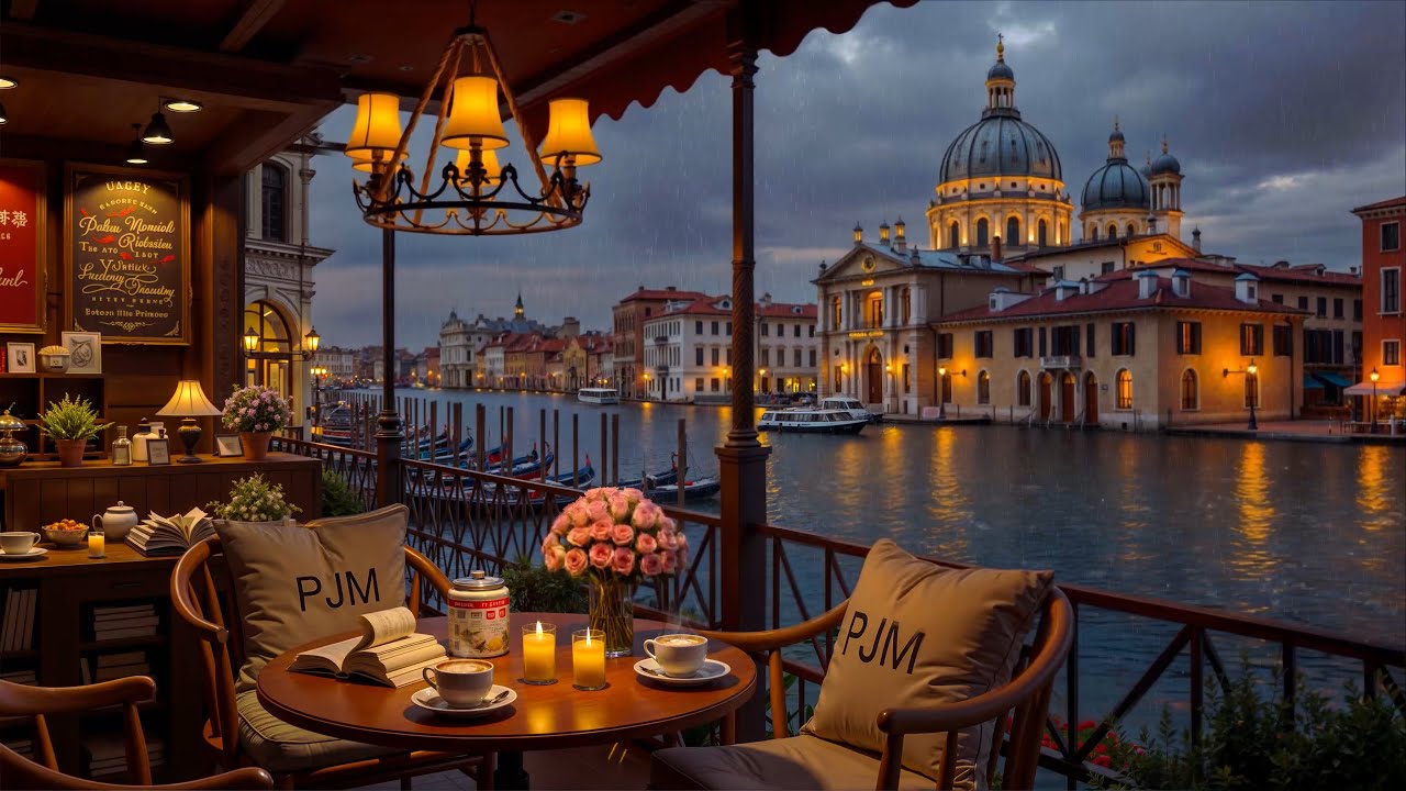 Venice Canal Coffee Shop Ambience ☕ Soft Jazz Instrumental Music & Rain Sounds for Relaxing, Work