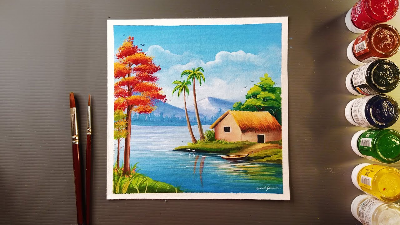 Drawing To Color Scenery | Speed Painting Village and River scene