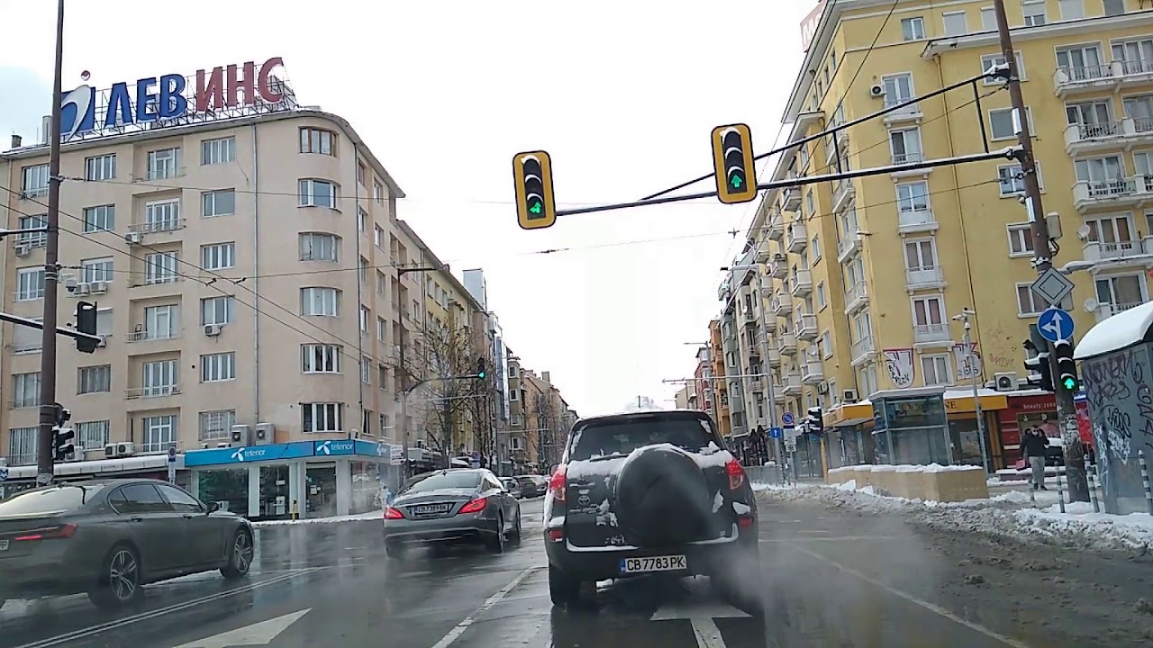 Driving in snowy Sofia, Bulgaria