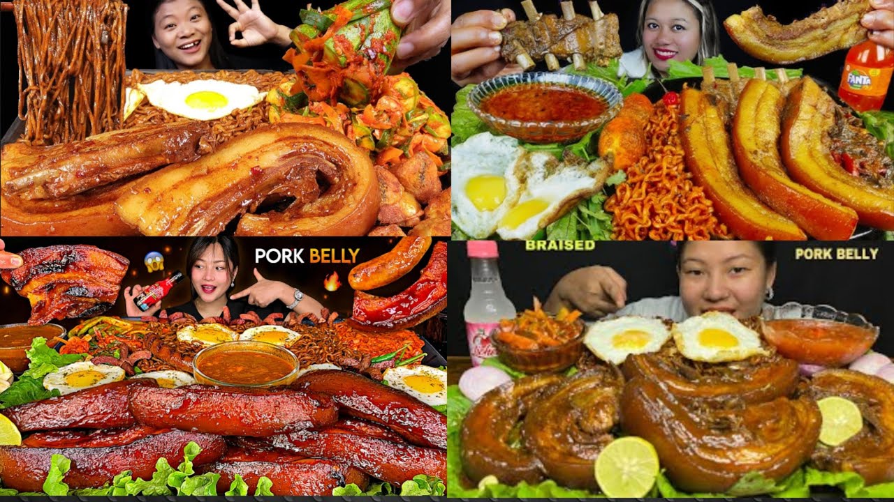 Spicy🔥pork belly,black bean noodles,sunny side up eggs with kimchi🥵 Bigbites mukbang asmr