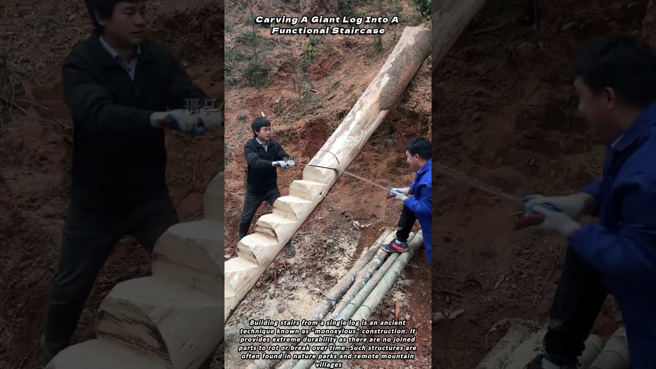 Carving A Giant Log Into A Functional Staircase