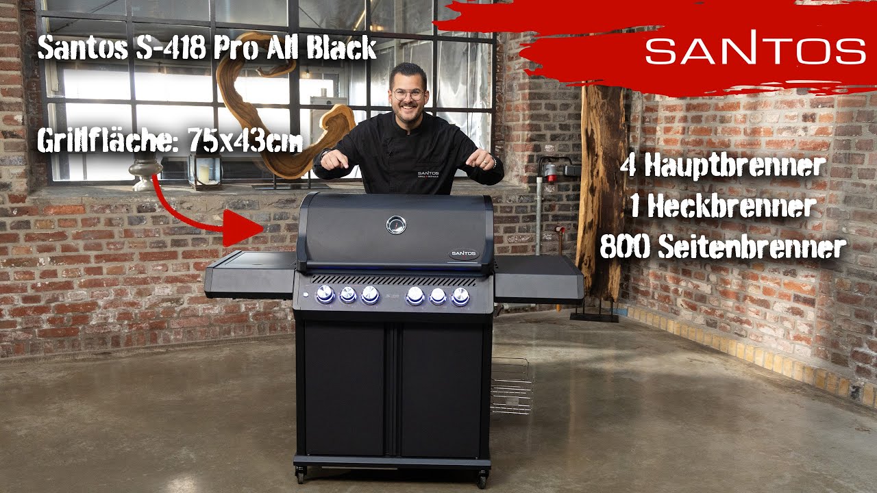 Grillvorstellung SANTOS S-418 Pro All Black Matt | Seiten- & Heckbrenner | inkl. Drehspieß |