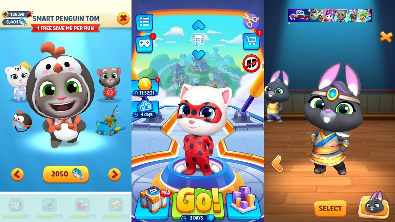 Talking Tom Gold Run Penguin Tom vs Tom Hero Dash Ladybug Angela vs Time Rush Mythic Becca Gameplay