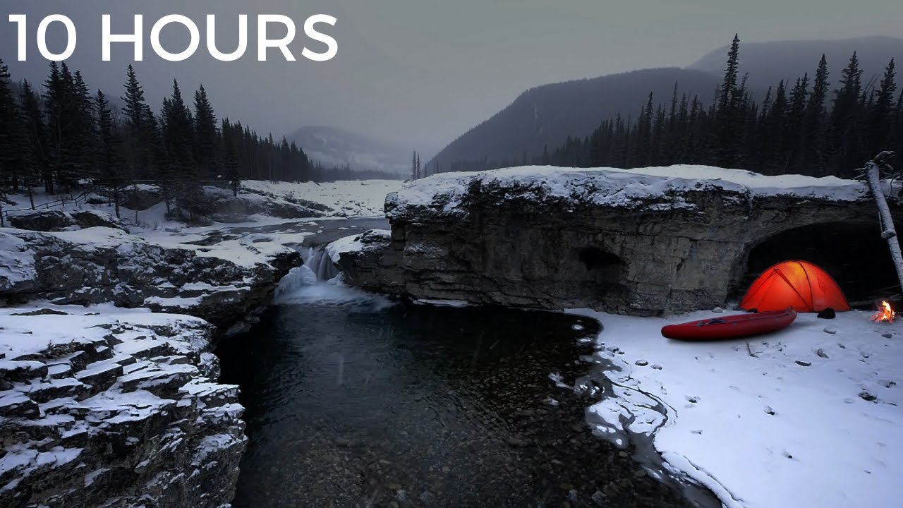 Campfire near Winter Waterfall | Stream Water Sounds, Cold Wind & Crackling Fire Sounds for Sleeping