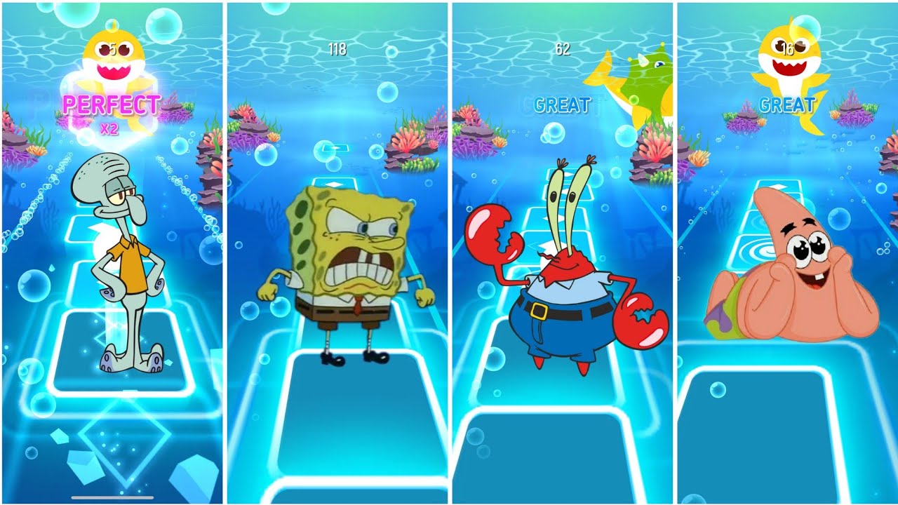 Squidward 🆚 Sandy cheeks 🆚 Mr karba 🆚 SpongeBob EDM rush tiles hop