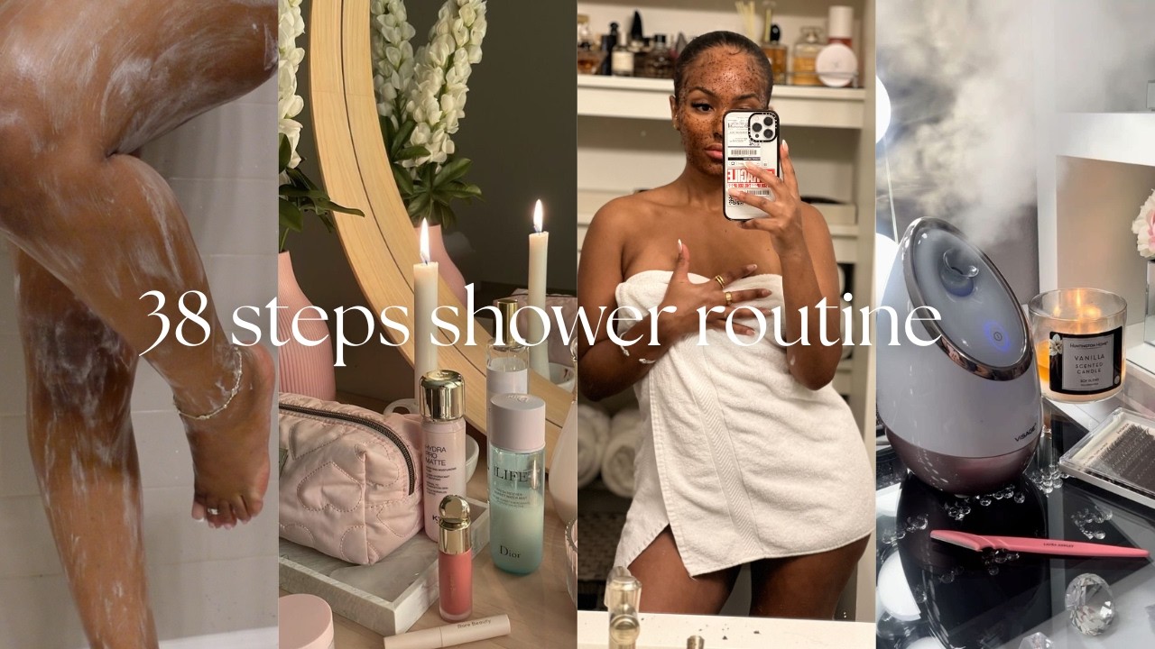 IN DEPTH SHOWER ROUTINE | dream life + staple products + how to GUA-SHA , where I've been & MORE 🛁🧘🏽
