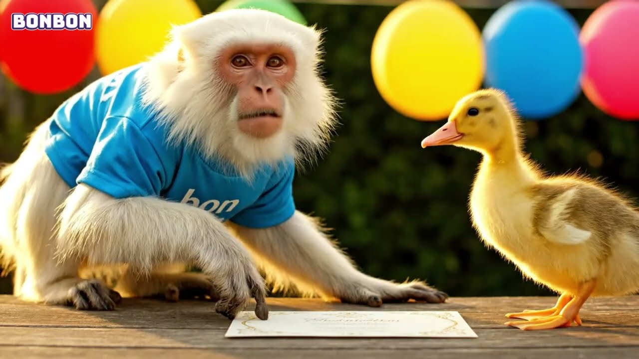 Bon Bon the Monkey & Duckling Bake Rainbow Birthday Cake Together 🍰🐒🐥 #CuteAnimals #FunLearning