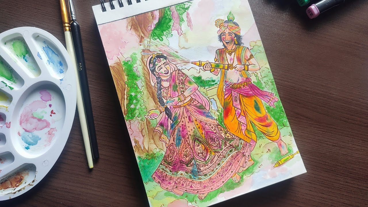 Complete Step By Step Radha Krishna Holi Celebration Drawing 😍🎨🖌️🦚//Radha Krishna Holi Drawing 🙏//
