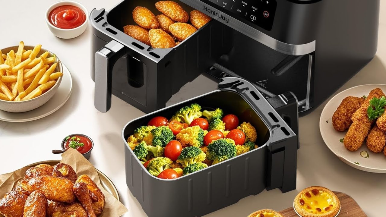 Large Capacity! 10-in-1 Dual Basket Air Fryer with View & Paper Liners 👀