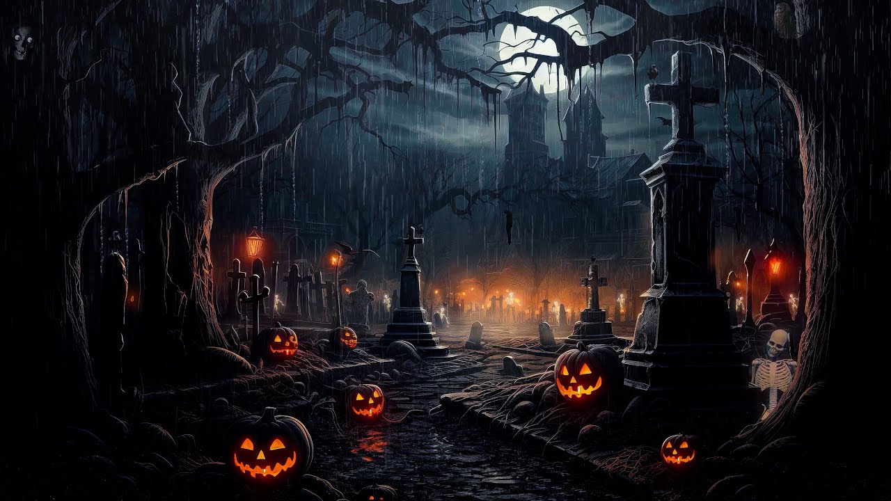 Haunted Cemetery Halloween Ambience w/ Relaxing Heavy Rain & Thunderstorm Sound, Night Spooky Sound