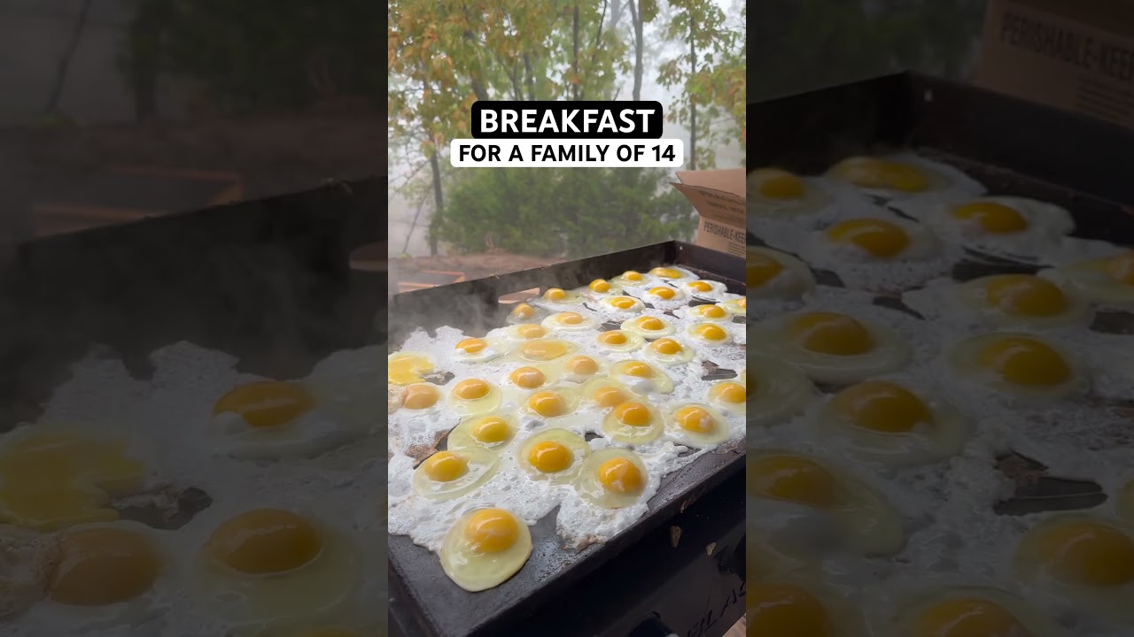 Saturday morning breakfast for our family of 14! Five dozen eggs, bacon, and hashbrowns. 🍳🥓​⁠