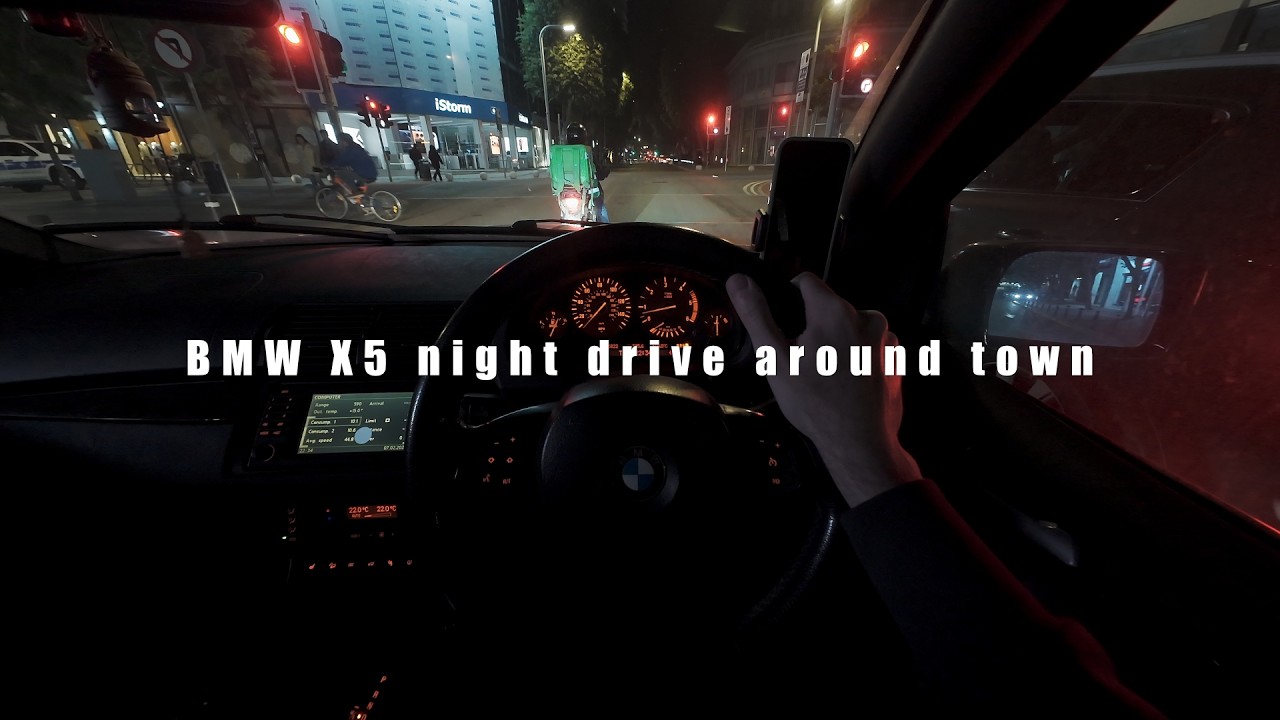 BMW X5 night drive around town (pov drive, binaural audio)