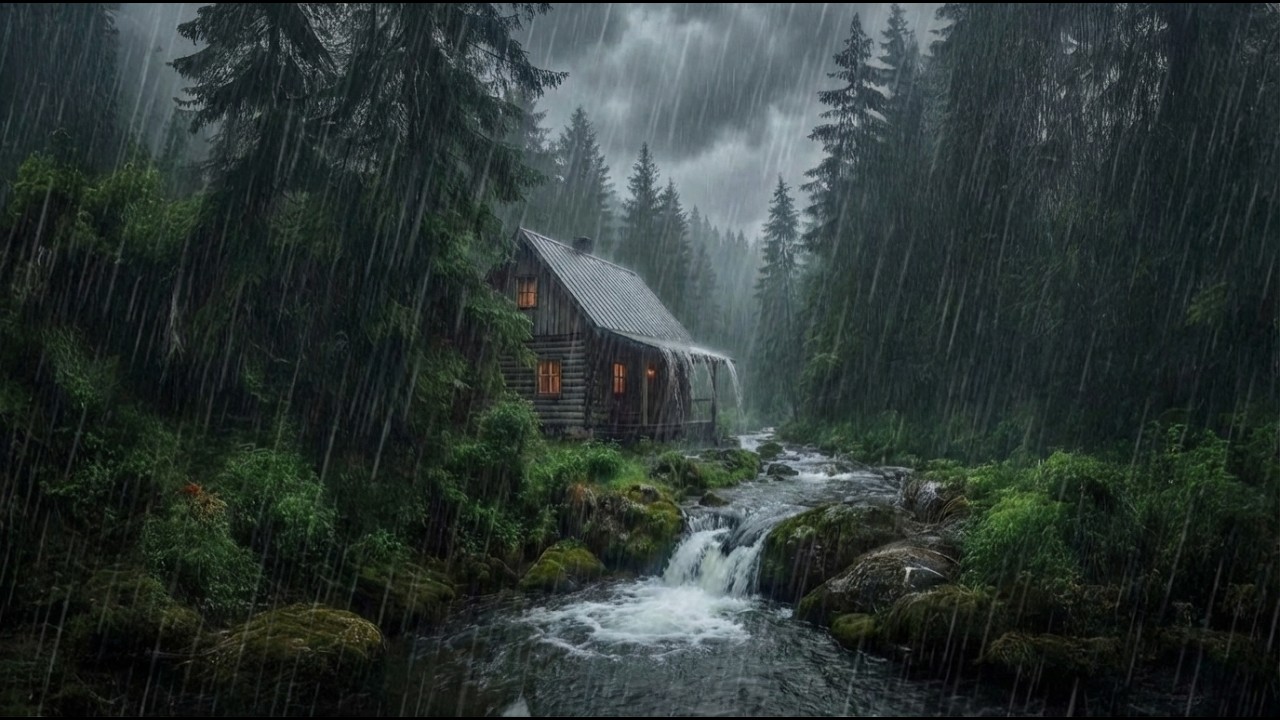 Stormy Forest Cabin by the River , Thunder & Heavy Rain Sounds for Deep Sleep