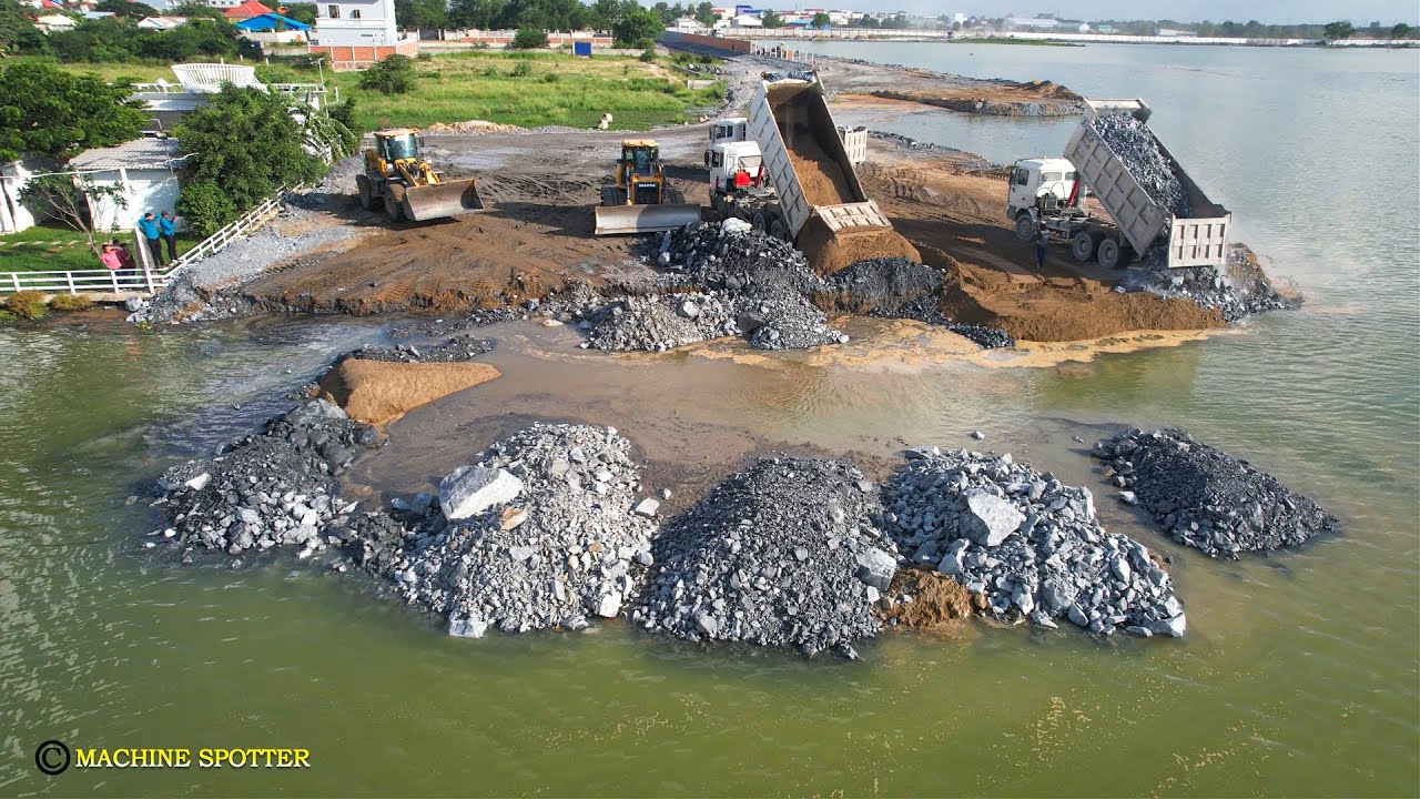 OMG!!LandSlip 10m In Deep Water And Get Repair By Dump Truck With Wheel Loader Dozer Pushing Stone