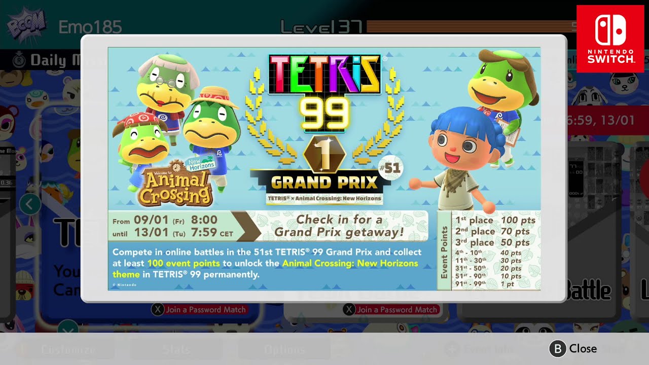 Tetris 99 - Unlocking Animal Crossings: New Horizons Skin in 51st MAXIMUS CUP (Nintendo Switch)