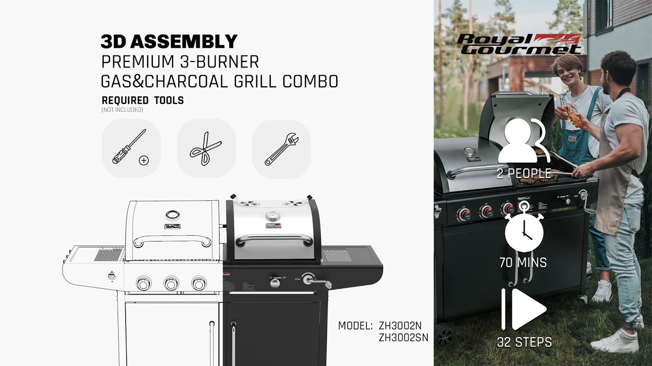 Royal Gourmet® ZH3002N/SN Premium 3-Burner Gas & Charcoal Grill Combo | 3D Assembly Instructions