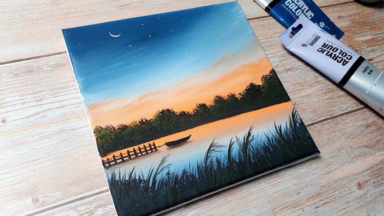 sunset lake painting idea / easy acrylic painting for beginners ✨️