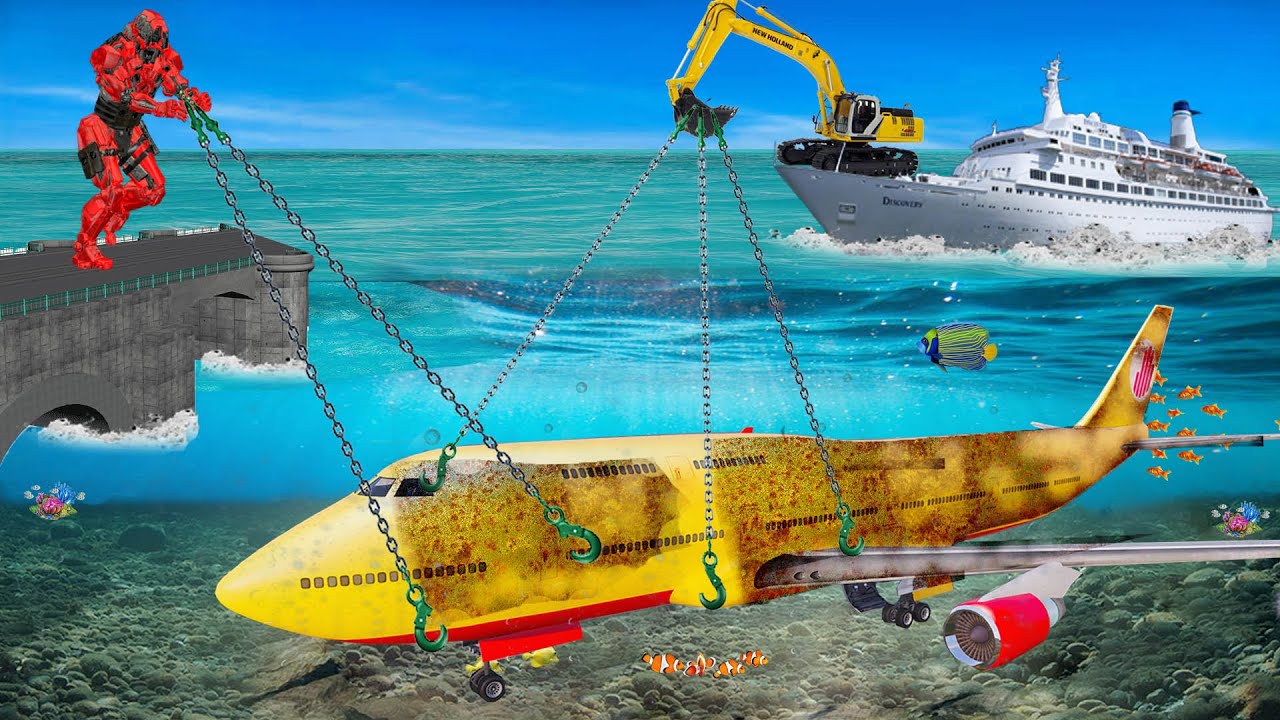 पानी के नीचे हवाई जहाज मरम्मत जेसीबी रोबोट Underwater Airplane Restoration JCB Robot Hindi Kahaniya