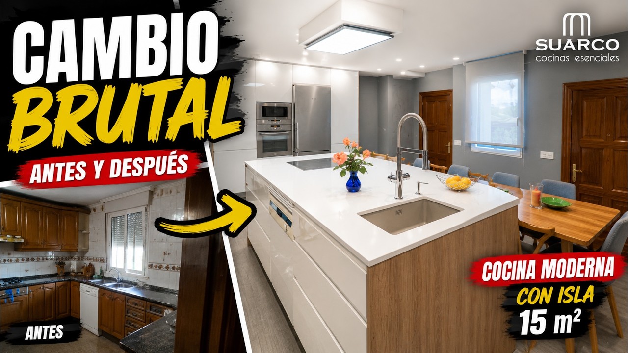 Cocina moderna con isla blanca y madera  sin tiradores y encimera de silestone blanco zeus