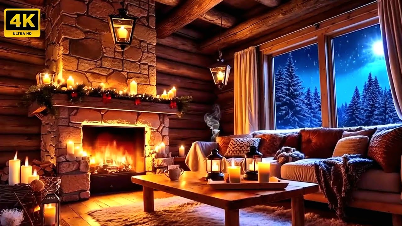 4K Cozy Cabin +FIREPLACE +RELAXING JAZZ The Most Relaxing Winter Ambience