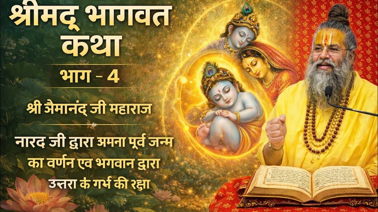 श्रीमद् भागवत कथा भाग–4 |नारद जी द्वारा पूर्व जन्म का रहस्य |भगवान द्वारा उत्तरा के गर्भ की रक्षा | 