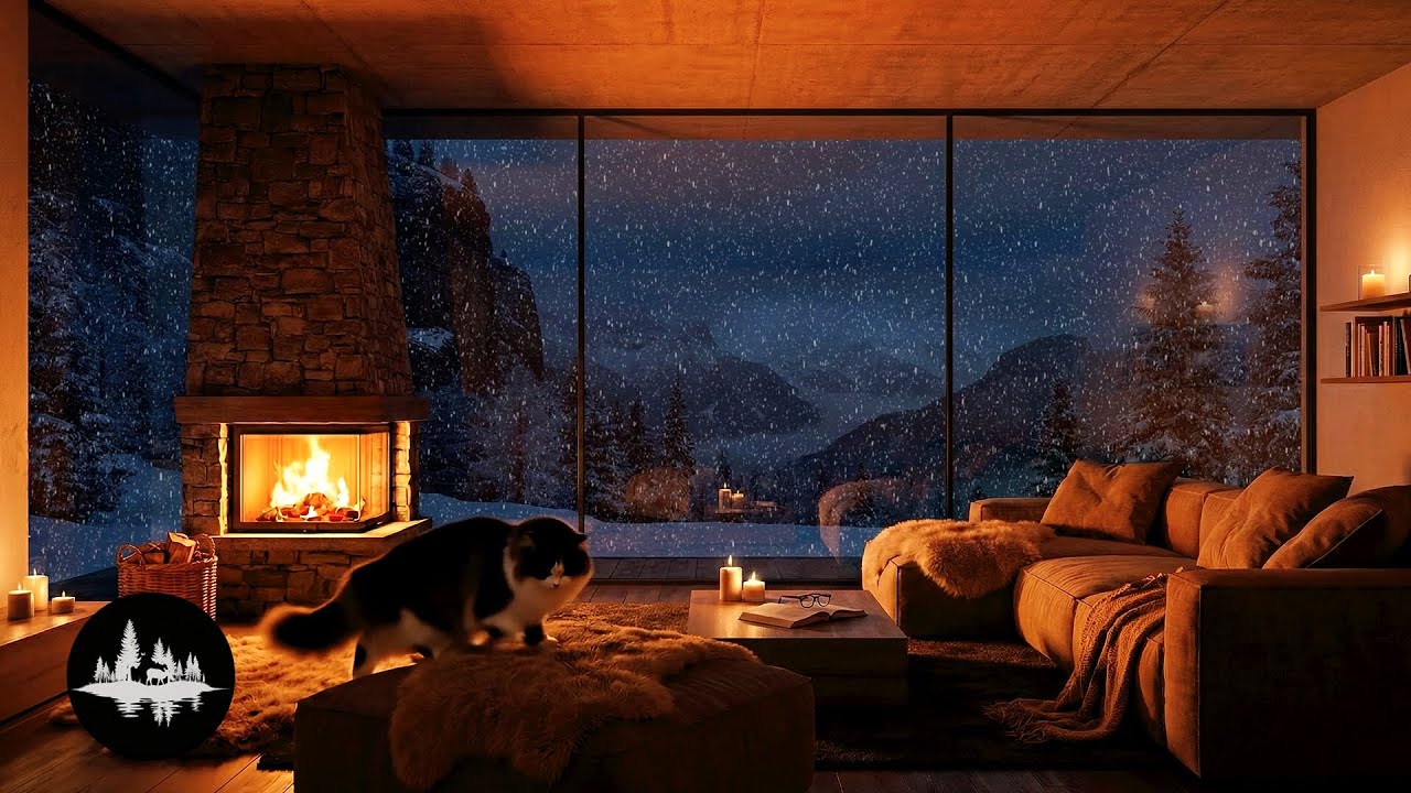 Gentle Snow and Crackling Fireplace with Sleeping Cat🔥 Pure Fire Sounds for Deep Sleep 4K (No Music)
