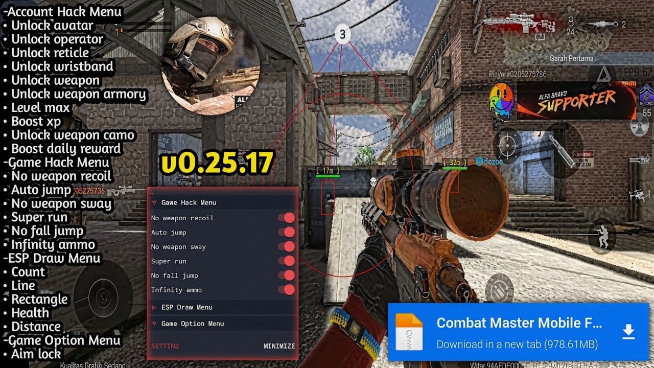 Меню мода Combat Master v0.25.17 — автоматический выстрел в голову и отсутствие отдачи