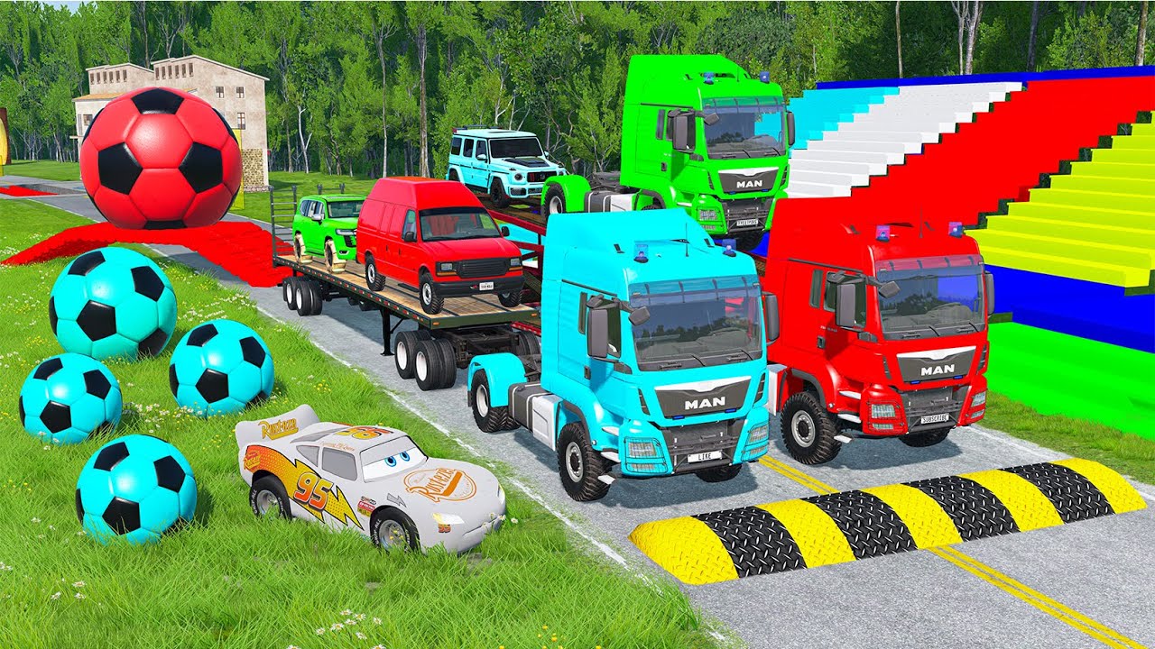 Flatbed Trailer McQueen Transportation with Truck | Speedbumps vs Cars vs Train  | BeamNG.Drive 02
